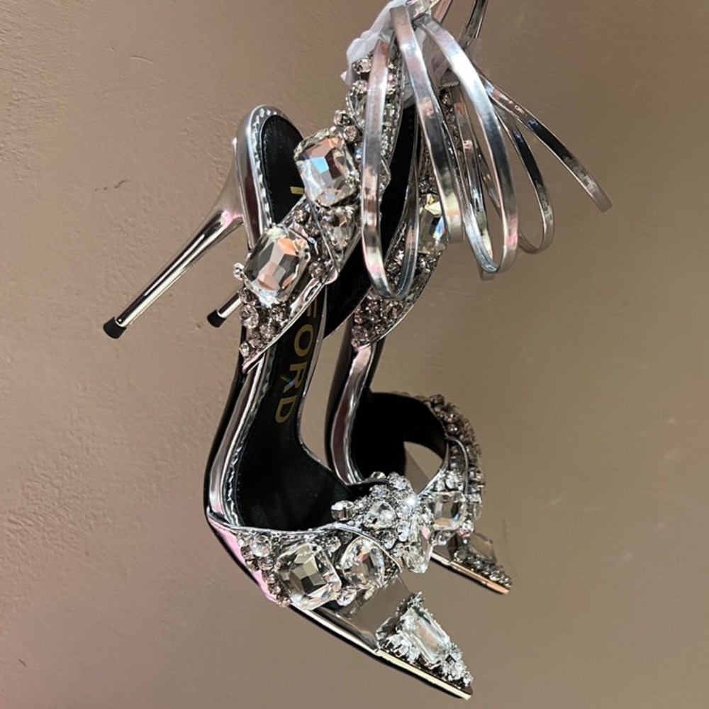 TOM FORD Mirror Crystal Ankle Wrap Sandals Sz 41 Just Seen On RIHANNA